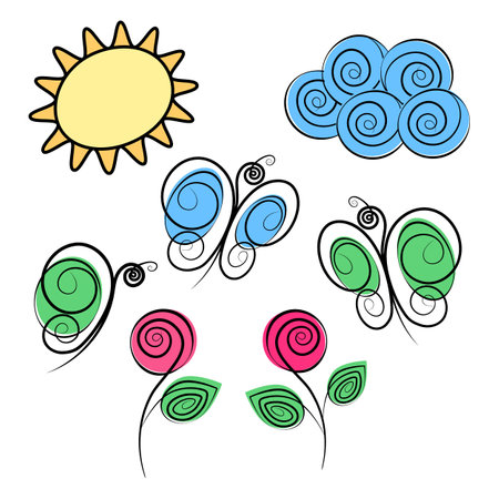 Sun, spiral cloud, butterflies and blooming roses in trendy marker hues. Ser of 7 stylized elements.のイラスト素材