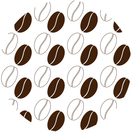 Circle patterned of contour and silhouette coffee beans. Sticker or backdrop texture design concept. Isolate. EPS. Vector for cards, greetings or web, posters, banners, brochures, price tag or labelのイラスト素材