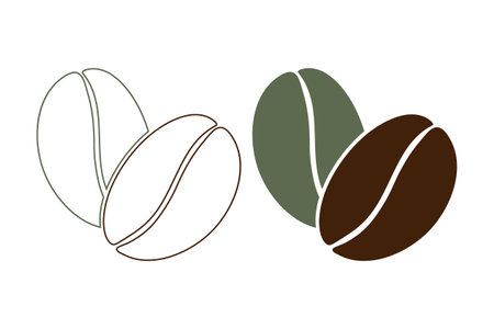 Silhouette and contour drawing of coffee beans.のイラスト素材