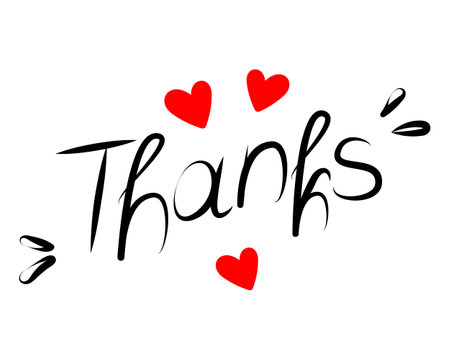 Hand drawn text lettering Thanks with red hearts shapes and design elements. Thanksgiving greetings. Sticker. Isolate. Vector. EPS. Calligraphic design for shirts inscription, banner, poster, labelのイラスト素材