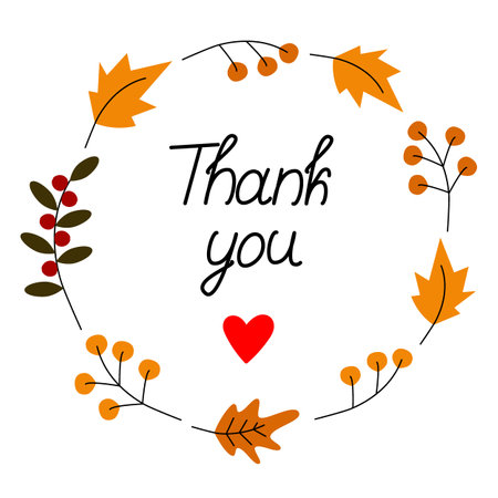 Abstract round frame of autumn leaves and twigs and handwriting lettering Thank you with heart shapeのイラスト素材