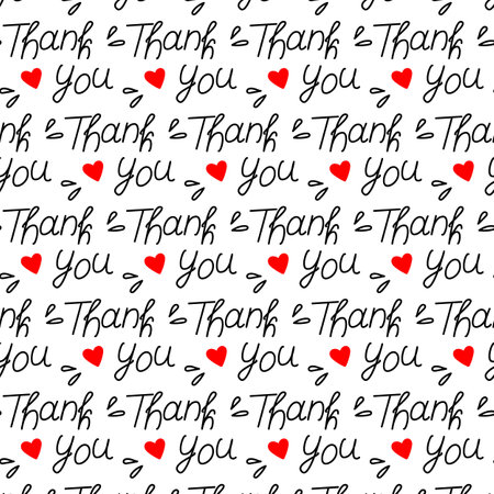 Hand drawn lettering Thank you with red hearts and abstract decorative elements Seamless pattern Thanksgiving greetings design concept for backdrop, wallpaper, wrapping or web, card EPS Vector Isolateのイラスト素材