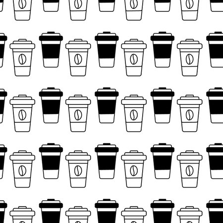 Black and white disposable coffee cups with lid Silhouette drawn Seamless pattern Abstract backdrop Texture Isolate EPS Vector concept for wrapping, packing, wallpaper or web in minimalistic styleのイラスト素材