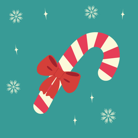 Candy Cane with Bow on Teal Background with snowflakes and decorative stars Christmas greetings idea Isolate EPS Vector Cards, posters, banner, brochures, promo or web, price tag, label design conceptのイラスト素材