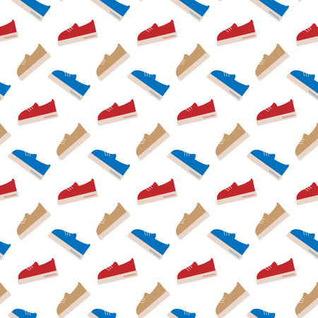 Stylized comfortable lace up sneakers Seamless pattern in trendy bright colors Promo background idea. Vector Isolate EPS. Wrapping, wallpaper, packing or web, cards, posters, banner, label conceptのイラスト素材