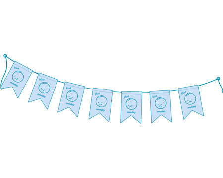 Pennant garland with sad emoticon and inscription blue monday Greeting design concept in trendy blue. Isolate EPS Vector. Cards, poster, banner, brochure, promo or web, invitation, label decor ideaのイラスト素材