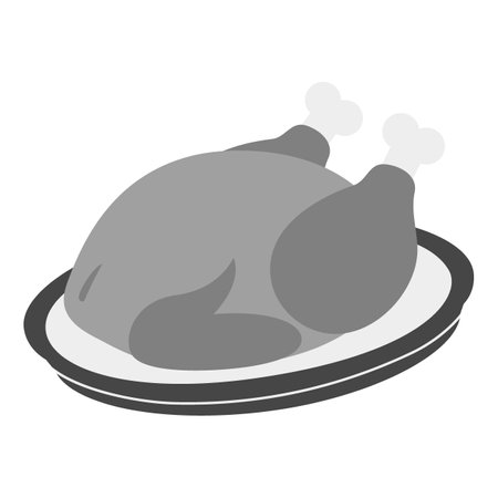 Whole roasted turkey on oval platter in grayscale. Traditional Thanksgiving dinner. Icon concept. Isolated EPS Vector. Cards, poster, banner, brochure, price, label or web, promo, sticker design ideaのイラスト素材