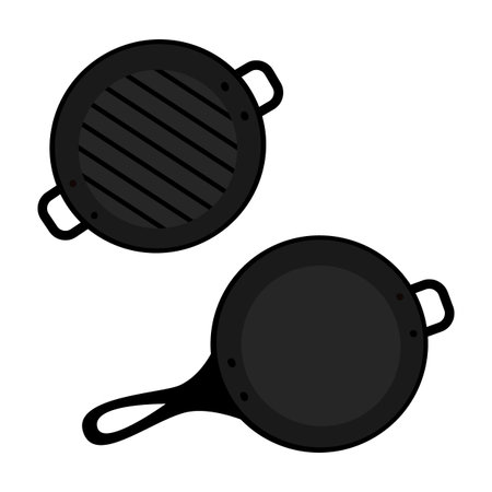 Cast iron grill and fry pans with handles in cartoon style. Top view. Isolated Promo design concept Set of 2 EPS Vector. Logo Sticker Icon Cards, poster, banner, brochure, price tag, label or web ideaのイラスト素材