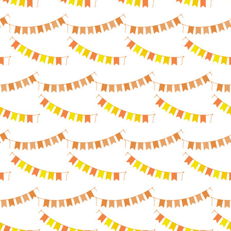 Halloween pendants on rope in trendy monochrome orange. Holiday bunting garland Seamless pattern Isolated on white. Vector Carnival or holiday abstract background texture or greetings design conceptのイラスト素材