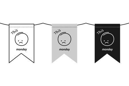 Outline Grayscale Black and White pennants with sad Emoticon and inscription This Monday.のイラスト素材