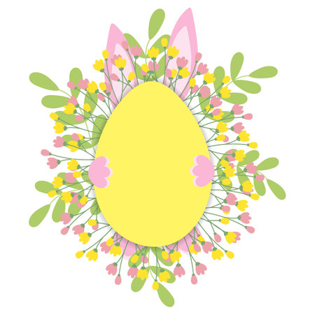 Easter frame border with twigs, flowers and bunny ears, paws behind Isolated on white. Copy space. Vector illustration. Easter greeting cards, posters, banners, brochures or inscription design conceptのイラスト素材