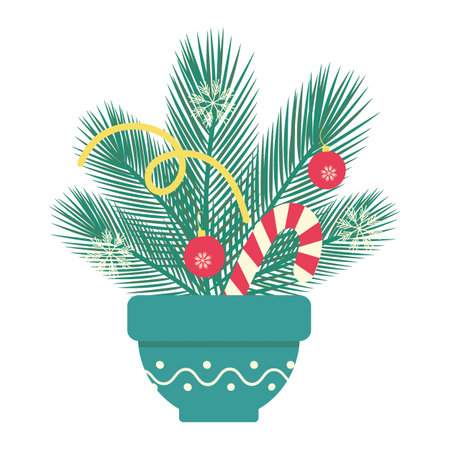 Spruce twigs, candy stick, snowflakes, serpentine and Christmas toys in flower pot New Year bouquet in trendy shades. Wallpaper, wrapping or web, posters, banner, cards, label, tag Vector illustrationのイラスト素材