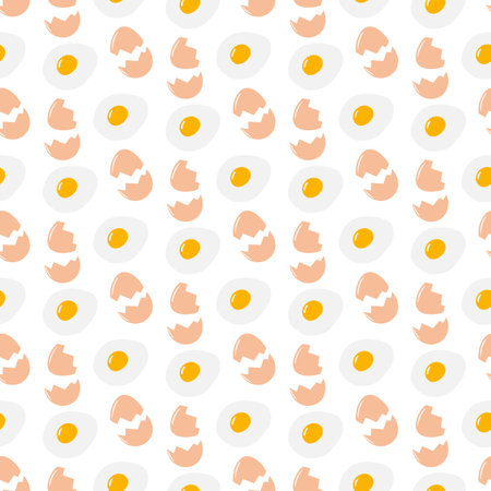 Fried eggs with yolk and Cracked eggshell Seamless pattern Isolated. Egg Day culinary background Texture. Wallpaper, wrapping or cards, flyer, poster, banner, tag, leaflet, label or web Vector conceptのイラスト素材