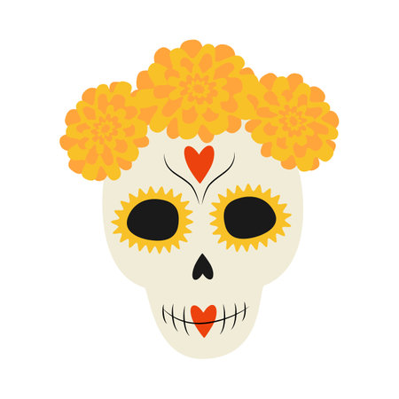 Decorative Skull in flowers wreath and face hearts and wave lines ornament in trendy bright shades. Vector illustration Isolated on white. Stickers, greeting cards, posters, banner or web, promo ideaのイラスト素材