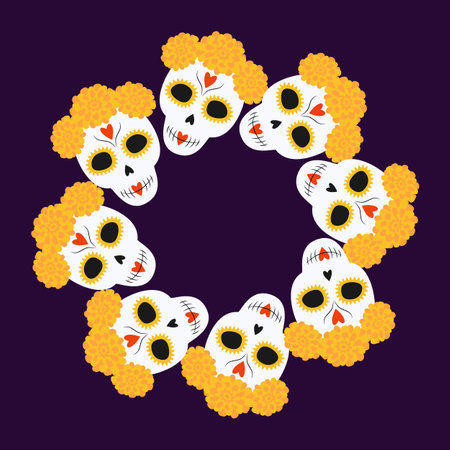 Decorative Sugar Skulls in flower wreath Circle frame. Day of the dead lettering or cards template. Isolated. Copy space. Vector illustration Greeting, poster, banner, brochure or web, promo, leafletのイラスト素材
