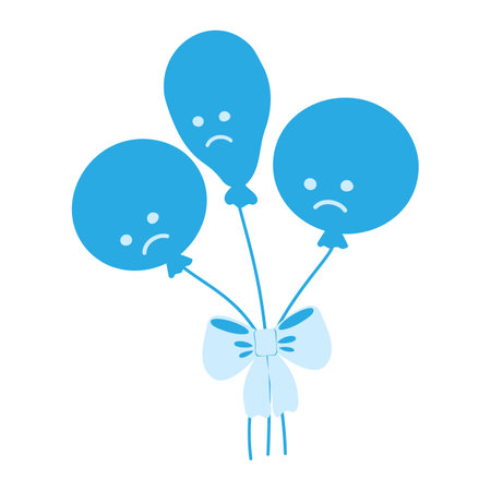 2 round and 1 deflated balloon on rope with sad faces tied with ribbon bow in trendy monochrome blue. Blue Monday greetings Design concept. Isolated Vector illustration Cards, poster or web, promoのイラスト素材