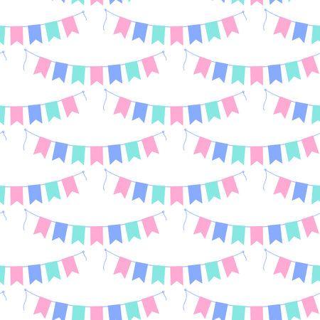 Pennants garlands on rope Seamless pattern in trendy soft pink, mint and blue. Festive background. Isolated Vector illustration Greeting, wallpaper, wrapping or web, cards, poster, tags, banner, promoのイラスト素材