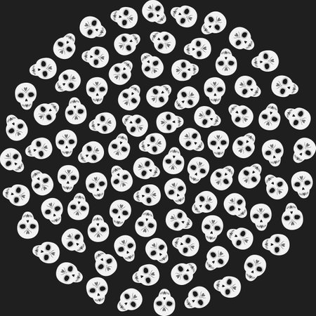 Painted Skulls round decorative background texture in grayscale. Day of the dead wallpaper concept. Isolated Vector illustration Thematic cards, social media, web promo, greeting or invitation, posterのイラスト素材