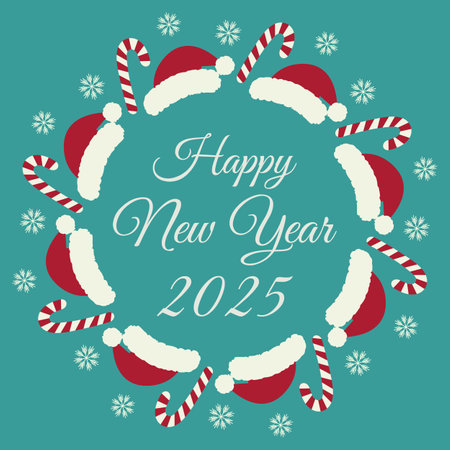Candy Cane, Santa hat and snowflakes Festive Round Frame border with Happy New Year 2025 lettering. Isolated Vector illustration Greeting cards, invitation, poster, flyer, leaflet, label or web, promoのイラスト素材
