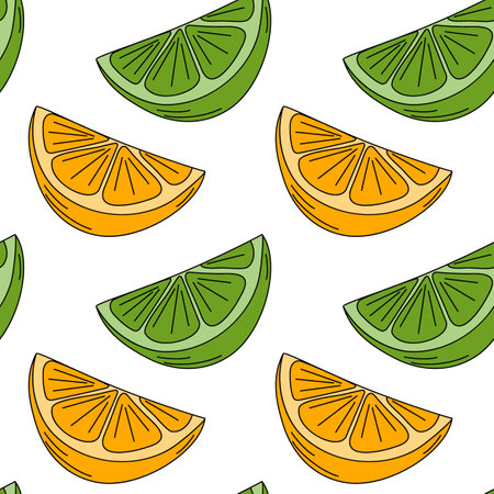 Orange and lime slice Seamless pattern in trendy soft shades. Wallpaper or cards background texture. Isolated Vector illustration Web promo backdrop, cards posters, banner, brochures, greeting, labelのイラスト素材