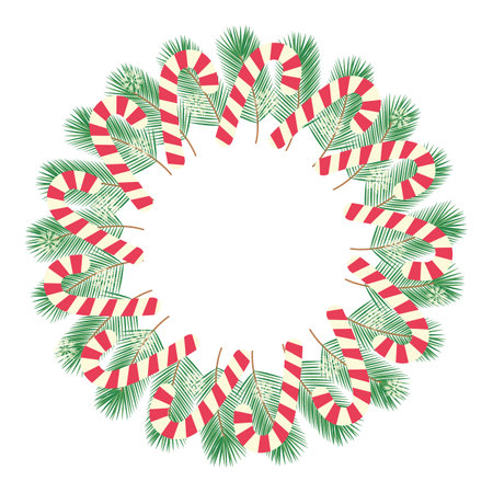 Christmas tree evergreen twigs, candy cane and snowflakes Festive Round Frame border Template idea. Copyspace. Isolated Vector illustration Cards, poster, leaflets, banner, greeting, tag, label or webのイラスト素材