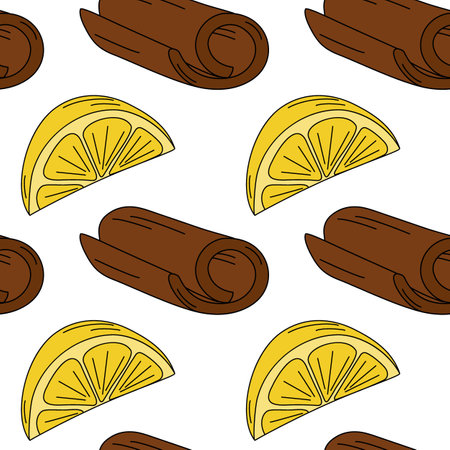 Cinnamon stick and lemon wedge Seamless pattern in trendy bright shades. Wallpaper backdrop concept. Isolated Vector illustration Wrapping or web, posters, banners, brochures, cards, price tag, labelのイラスト素材