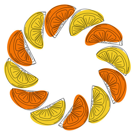Orange and lemon hand drawn outline slices with yellow and orange abstract spots Round Frame border. Copy space. Isolated Vector illustration Web promo backdrop, cards poster, banner, label or leafletのイラスト素材
