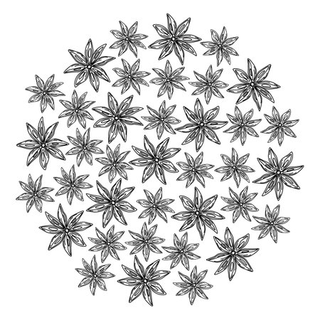 Outline hand drawn Star Anise. Herbs and Spices Day Circle Decorative background texture.のイラスト素材