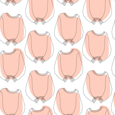Outline stretched sweater with long sleeve and abstract spots in trendy peach shade Seamless pattern.のイラスト素材