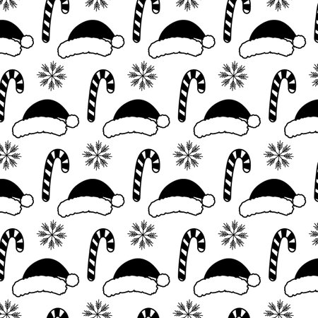 Striped Candy Cane, Santa hats and snowflakes Black and white Seamless Pattern in doodle minimalist. Isolated Vector illustration Wallpaper thematic cards, poster, leaflet, label or web promo backdropのイラスト素材