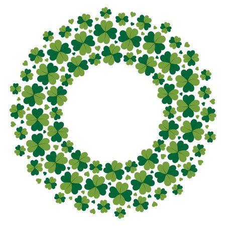 Clover quatrefoil and hearts different sizes Round Frame border in trendy green. St Patrick greeting. Isolated Vector illustration Lettering, cards, posters, banner, price tag, label or web templateのイラスト素材