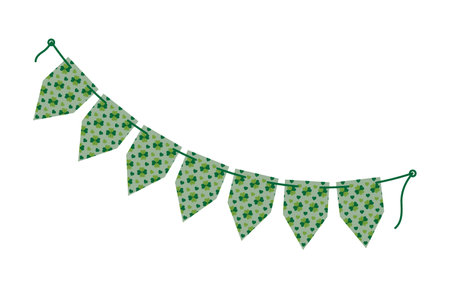 Clover patterned Pointed pennants garland on rope in trendy monochrome green. St Patrick Day element. Isolated Vector illustration Greeting card, poster, leaflet, banner, price tag, label or web promoのイラスト素材