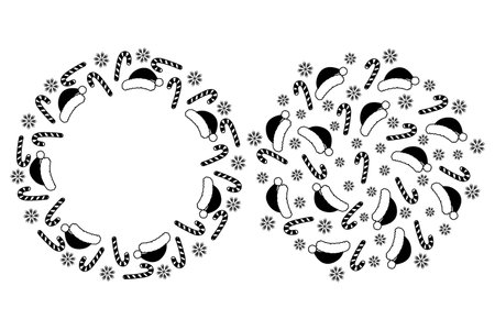 Santa caps, Candy canes and snowflakes Black and white Round Frame border and decorative background. Copy space. Isolated Vector illustration Christmas greeting Card, leaflet, banner, label or web Setのイラスト素材