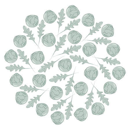 Arugula leaves and Brussels sprouts heads Round Background Texture. Healthy Food Day cards template. Isolated Vector illustration Thematic cards, poster, banner, leaflet, price tag, label or web promoのイラスト素材