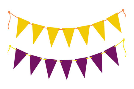 Festive triangular pennant garlands on rope in trendy yellow and violet. Birthday or Halloween party. Isolated Vector illustration Greeting or invitation cards, leaflet, banner or web promo, post, tagのイラスト素材