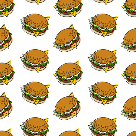 Burger salad, tomato, onion rings, sesame bun, chees Fast Food Seamless pattern. Burger Day backdrop. Isolated Vector illustration Wallpaper, wrapping or web promo, menu or Thematic cards, media postsのイラスト素材