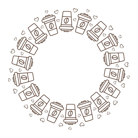 Outline Disposable coffee cups with grain on label and different hearts shape around. Circle Frame. Copy space Template. Isolated Vector illustration Thematic card, blog, leaflet, banners or web promoのイラスト素材