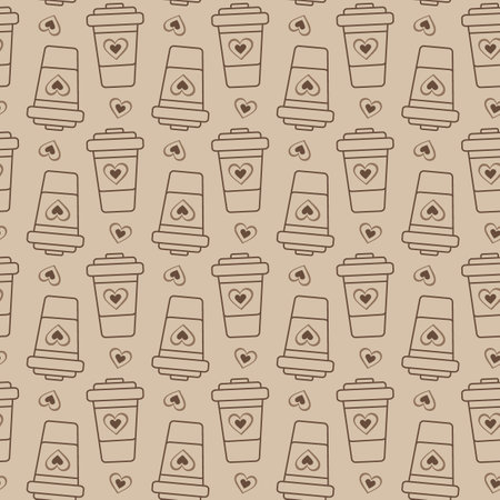 Disposable cups with hearts Seamless Pattern in trendy monochrome soft brown. Coffee Day background. Isolated Vector illustration Thematic or greeting cards, Wallpaper, wrapping or web promo, leafletsのイラスト素材