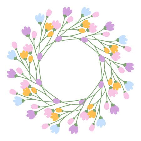 Colorful Blossom sprigs Circle Frame border in trendy spring colors Cope space Festive Template idea. Isolate Vector illustration Thematic cards, posting, blog or web promo leaflet, banner, tag, labelのイラスト素材