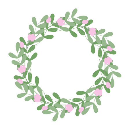 Springtime leaf sprigs and blooming floral buds Circle frame border in trendy soft green and pink. Isolated Vector illustration Thematic cards, posting, blog or web promo banners, leaflets, label, tagのイラスト素材