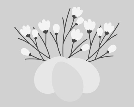 Blooming sprigs and Easter Eggs Floral composition in grayscale. Greeting cards or leaflets template. Isolate Vector illustration Thematic cards, posting, blog or web promo banner, price tag, labelsのイラスト素材