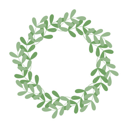 Green sprigs Circle Frame border in trendy monochrome. Springtime Copy space Lettering Template idea. Isolated Vector illustration Thematic cards, posting, blog or web promo banners, leaflets, labelsのイラスト素材