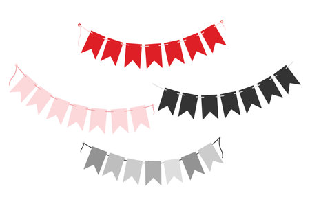 Festive Pennant garlands on string in trendy red, pink and grayscale. Set 4 greeting design elements. Isolated Vector illustration Thematic cards, posting, blog or web promo, banner, labels, price tagのイラスト素材