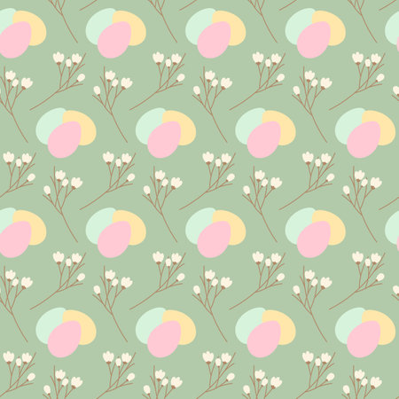 Easter Eggs and blossom twigs Seamless Pattern in trendy soft shades. Easter Festive background idea. Isolated Vector illustration Wallpaper, wrapping or web promo banner, Thematic card, posting, blogのイラスト素材