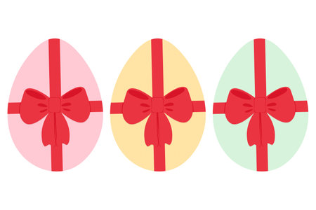 Painted chicken eggs in trendy festive colors with red ribbon bow. Easter design elements idea Set 3. Isolated Vector illustration Thematic cards, posting or web promo leaflets, banner, price, labelsのイラスト素材
