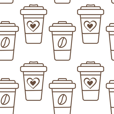 Outline Disposable cups with hearts and coffee beans on label Seamless Pattern. Takeaway background. Isolated Vector illustration Wallpaper, wrapping or web promo leaflets, banner, cards, price tagsのイラスト素材