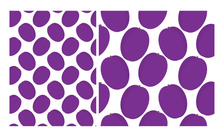 Ripe plums Seamless patterns in trendy minimalist. Healthy eating Background or wallpaper idea Set 2. Isolated Vector illustration Wrapping or web promo leaflets backdrop, cards posters, banner, labelのイラスト素材