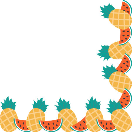 Watermelon slices and whole Pineapple Corner Frame border Summertime Copy space Template Minimalist. Isolated Vector illustration Thematic cards, posting, blogging or web promo leaflets, banner, labelのイラスト素材