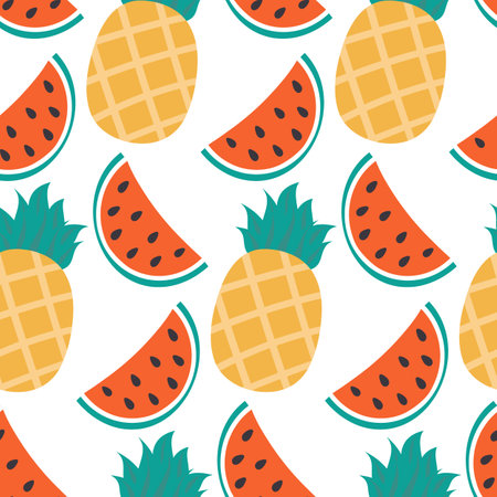 Stylized Pineapple and Watermelon slices Seamless pattern in trendy summer colors Minimalistic style. Isolated Vector illustration Wallpaper wrapping or web promo banner, Thematic cards, posting, blogのイラスト素材