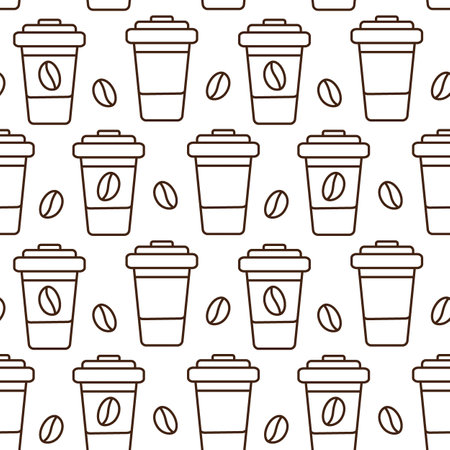 Outline Disposable coffee cups with coffee beans Seamless pattern in trendy brown Minimalist concept. Isolated Vector illustration Wallpaper, wrapping or web promo banner, greeting cards, leaflet, tagのイラスト素材